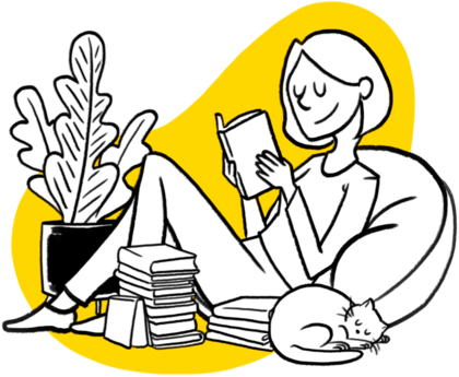 Frau liest ein Buch in gemütlicher Umgebung mit Katze und Pflanze