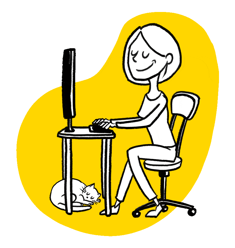 Zeichnung einer zufrieden schauenden Programmiererin am Schreibtisch